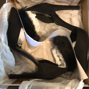 Black Faux Fur Ankle Strap Boots